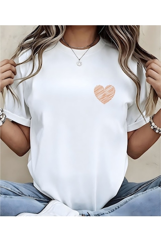Aselinda Kadınlar İçin Yeni Moda Kalp Baskılı Yuvarlak Yaka Kısa Kollu Tişört Beyaz
