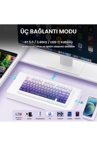 Aula F75 Mekanik Rgb Tkl Seiya Switch Kablosuz Makrolu Hot Swap Klavye Gradyan Mor