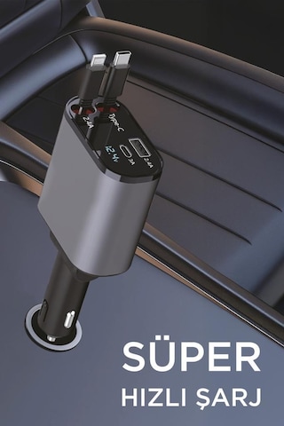 Torima G16 120w Süper Hızlı Şarjlı Transmitter Araç Şarj Cihazı Çift Type-c & Lightning Kablo, Dijital Göstergeli, 80cm Kablo
