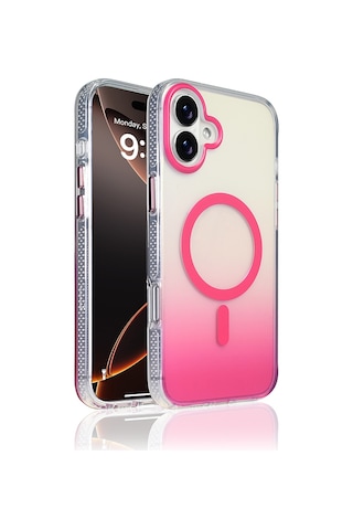 Zore Apple iPhone Uyumlu 16 Plus Kılıf M-safe Şarj Özellikli Transparan Renk Geçişli Omsy Toros Kapak - Rose Pembe