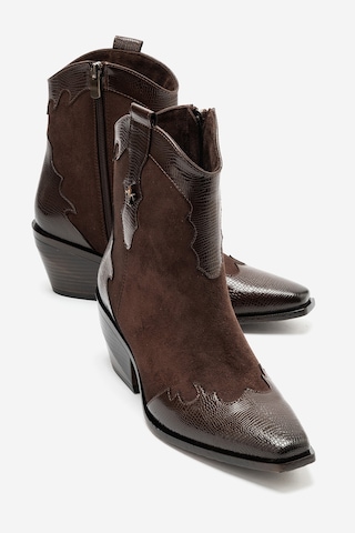 Luvishoes Luvi Shoes Loel Kahverengi Süet Kahverengi Desenli Kadın Kalın Topuklu Western Bot Kahverengi Süet