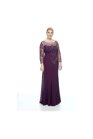 Moda Berray Kadın Uzun Kollu Arkası Şifon Kuyruklu Abiye Elbise Mürdüm 8028 Mürdüm