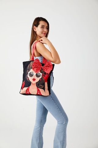 Kadın Kırmızı Siyah Puantiyeli Popart Bez Plaj Çantası Kırmızı - Siyah