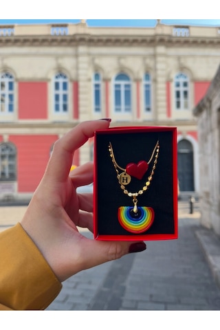 Sevgililer Günü Kişiselleştirilmiş Murano Kırmızı Kalp Gökkuşağı Set Tüm Harfler Mevcuttur Gold