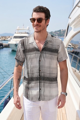 Buratti Regular Fit Kısa Kollu Apaş Yaka Desenli Erkek Gömlek Cf21S114293 Ekru-Siyah