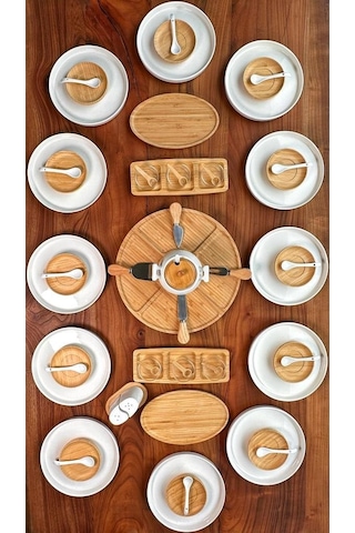 Atbyhome 12 Kişilik 63 Parça Seramik - Bambu Kahvaltı Takımı - Lüx Kahvaltılık Sunum Seti Kahverengi
