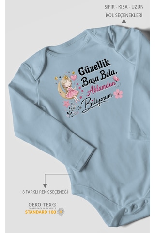 Morivokids Güzellik Başa Bela Ablamdan Biliyorum Uzun Kollu Bebek Body %100 Pamuk Bebe Mavisi