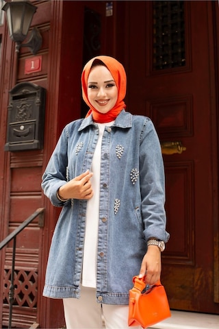 Harman Butik Kadın Kristal Taş Detay Denim Kot Ceket Mavi Mavi