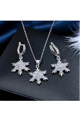 Brezza Lusso Jewelry Gümüş Kar Tanesi Kolye Küpe Set Gümüş Kolye Set 45 CM