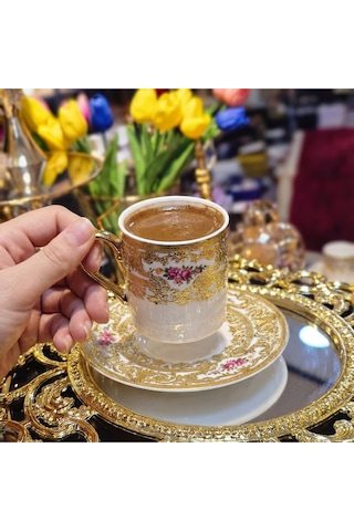 Elta Collection Victoria 24k Altın İşlemeli 6 Kişilik Porselen Kahve Fincan Takımı Altın