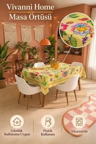Vivanni Home Yıkanabilir Dikdörtgen Masa Örtüsü Günlük Kullanıma Uygun Pratik Ve Uzun Ömürlü Çiçekli Sarı