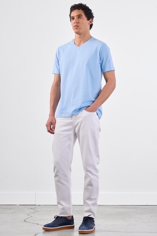 Dufy Açık Mavi V Yaka Pamuklu Düz Renk Slim Fit Erkek T-shirt Mavi