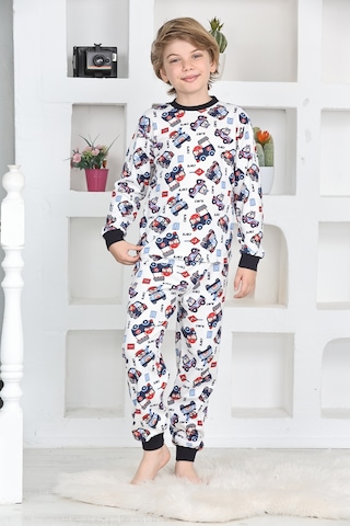 Modanino Erkek Çocuk Klasik Araba Baskılı Pijama Takımı 4-7 Yaş 12292 Beyaz