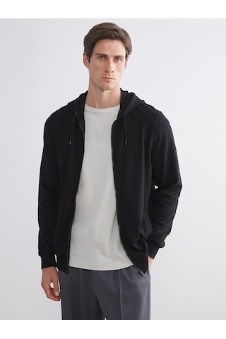 Lcwaıkıkı Basic Siyah Kapüşonlu Basic Erkek Fermuarlı Sweatshirt
