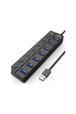 H-507 7 Port Usb 3.0 Hub Çoklayıcı Işıklı Açma Kapama Düğmeli Splitter Windows Uyumlu Çoğaltıcı Switch 5 Gbps Acı Kahverengi