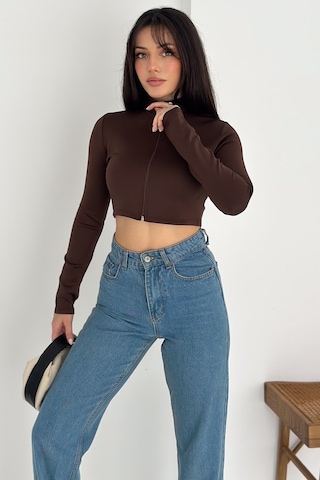 Kadın Fermuarlı Crop Ceket Dinamik & Modern Stil Kahverengi