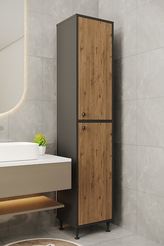 Aeka Ae-2027 Lina 2 Kapaklı Çok Amaçlı Dolap 40x180 Cm Raflı Dar Yüksek Boy Banyo Çok Bölmeli Depolama Dolabı Antrasit - Çam