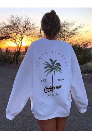 Santa Barbara Kışlık Kalın Sweatshirt - Beyaz Baskılı Oversize Kalın Kışlık Bisiklet Yaka Beyaz