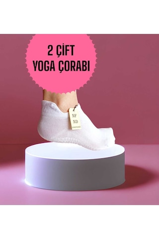 Enefendi 2 Çift Yoga Pilates Tavaf Çorabı Dikişsiz Kadın Kaymaz Silikon Taban Pamuklu Çorap Patik Bilek Beyaz Renkli