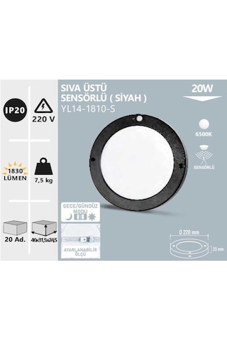 20w Sıva Üstü Siyah Sensörlü Led Panel Yl14-1810-s Siyah
