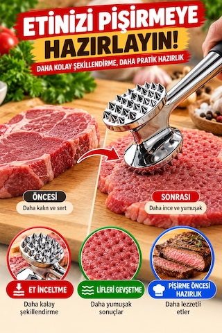 Çift Taraflı Metal Et Döveceği Et Yumuşatıcı Dişli Et Tokmağı Biftek Tavuk Şnitzel Dövme Aparatı 1 Adet