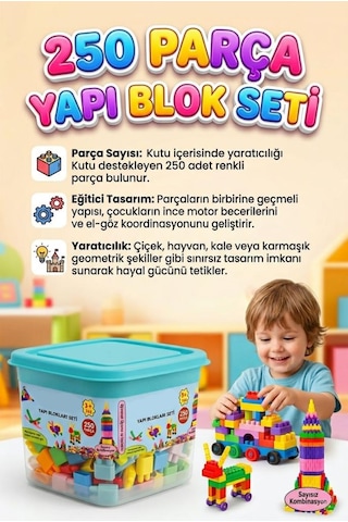 250 Parçalı Saklama Kutulu Renkli Bloklu Eğlenceli Sayısız Kombinasyonlu Eğitici Yapı Oyuncak Seti