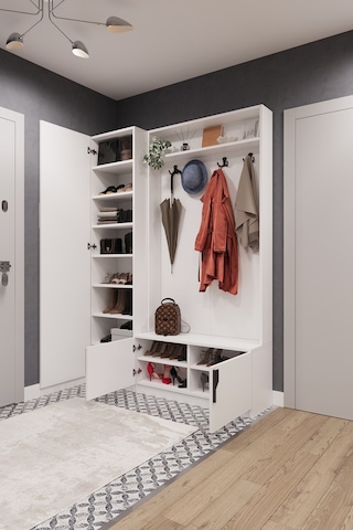Lüks Çok Raflı Portmanto Askılı Vestiyer %100 Mdf Çok Raflı Ayakkabılık V01 Beyaz