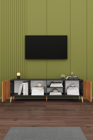 Asra Trend Tv Ünitesi T-13 %100 MDF 180 cm Tv Sehpası Dolaplı Raflı Petra-Koyu Gri