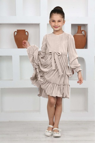 Kız Çocuk Örme Saten Çanta Detaylı Pliseli Astarlı Elbise Bej