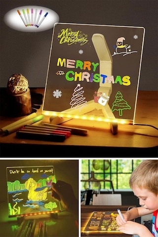 Lexroo Led Işıklı Kendiliğinden Renkli Fosforlu Kalemli Kare Yazı Panosu 20x20 Cm Çok Renkli