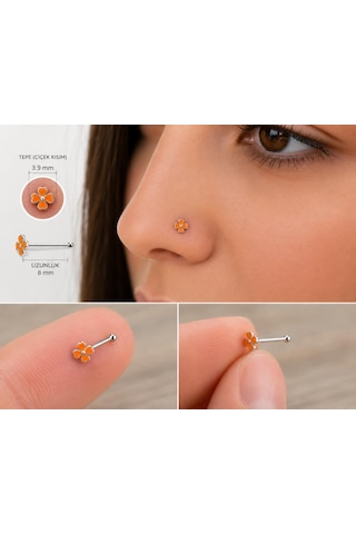 925 Ayar Gümüş Burun Hızması Turuncu Çiçek Desenli Minimal Nose Stud Kadın Erkek Unisex 8 Mm Gri 91926757