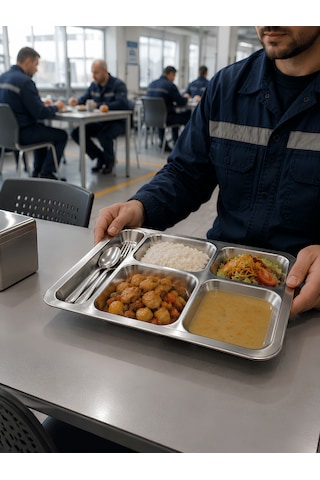 304 Çelik 5 Gözlü Tabldot Tabak Paslanmaz Çelik Self Servis Fabrika Okul Ev Hastane Kırılmaz Metal Servis Tabağı 10 Adet