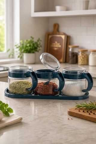3'lü Standlı Kaşıklı Cam Baharatlık Seti 300 Ml