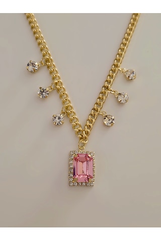 Baget Model Zirkon Taşlı Gold Pembe Renkli Çelik Kolye