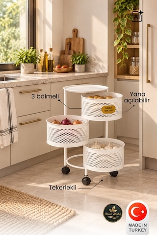River World Tekerlekli Rengi Beyaz Açılabilen 3 Katlı Çok Amaçlı Metal Raf Mutfak, Balkon, Kiler Çok Renkli