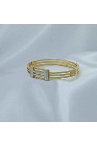 Yeni Sezon Vip Özel Seri Paslanmaz Çelik Altın Kaplama Taşlı Kelepçe Kadın Bileklik Gold