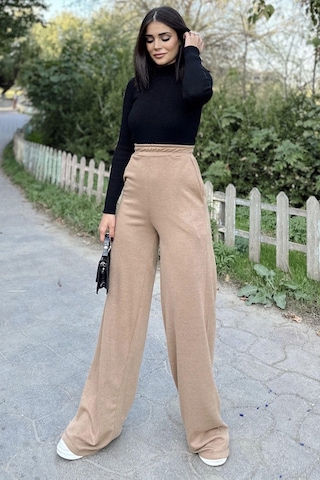 Kadın Camel Beli Lastikli, Cepli Örme Dokuma Kumaş, Bol Paça, Salaş Pantolon Camel