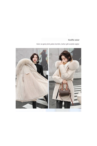 Snapbuy Kalın, Yumuşak Dolgulu, Midi Boy, Kapüşonlu, Kürk Detaylı Kadın Mont Krem