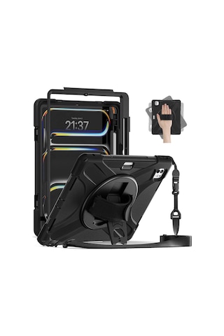 Apple Uyumlu iPad Pro 11 2025 M5 Çip Defender Askılı 360 Dönebilir Standlı Zırh Tablet Kılıfı Korumalı Kapak