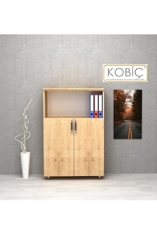 Kobiç Ofis Dosya Dolabı Kilitli Yarım Kapak Suntalam Dolap 80x35x115 Cm Meşe Meşe