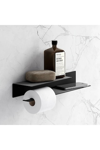 Çift Katlı Metal Tuvalet Kağıdı Tutucu Raflı, Duvara Monte, Siyah Banyo Kağıtlık Siyah