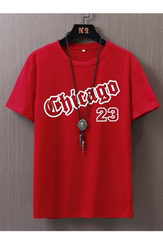 Chicago 23 T-shirt - Kırmızı Baskılı Oversize Bisiklet Yaka Kısa Kol Tişört Kırmızı