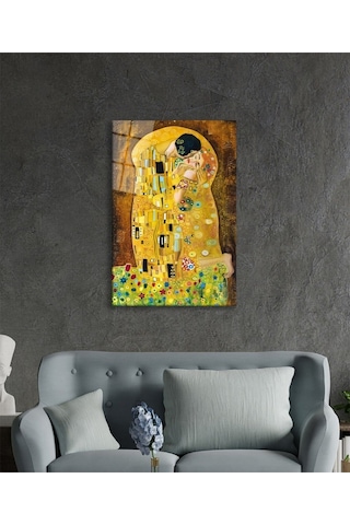 Gustav Klimt Öpücük Cam Tablo Evlika, Ev Ve Ofis Duvar Dekoru, Hediyelik Büyük Temperli 4 Mm Cam Tablo Evlika
