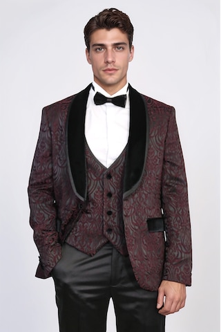 Barok Desenli Kadife Şal Yaka Yelekli Bordo Smokin - Wessi Bordo