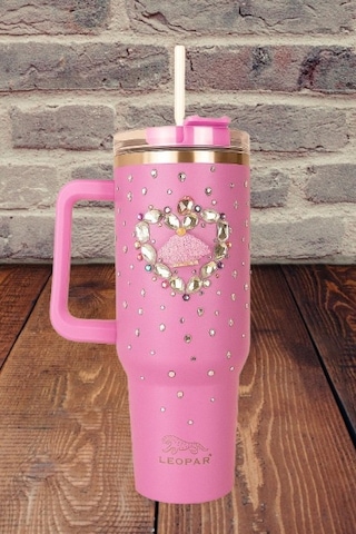 Pipetli 1,2 Litre Kulplu Çelik Termos Renkli Üzeri Taş İşlemeli - Pembe Pembe