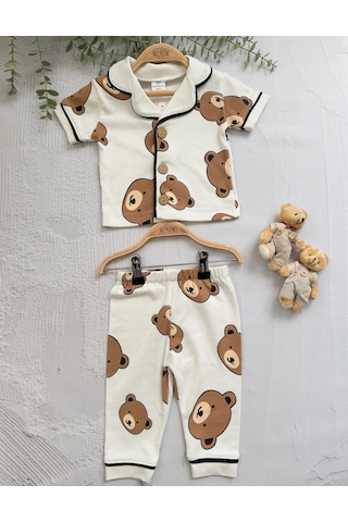 Ayıcık Baskılı Yazlık Pijama Takımı -1163 Beyaz
