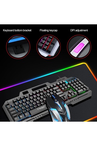 T-wolf Tf600 104 Tuşlu Kablolu Arkadan Aydınlatmalı Klavye Ve Fare Seti, Metal Panel Ve Telefon Standı İle Siyah Optik