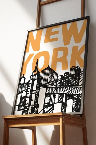 New York Sarı Siyah Dekoratif Tasarım Poster Tablo Siyah Çerçeveli