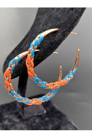 Çelik Yuvarlak Halka Mavi Turuncu Örgü Model Günlük Abiye Rose Gold Küpe