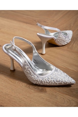 Beyaz Saten İnci Taş Arkası Açık Stiletto Beyaz